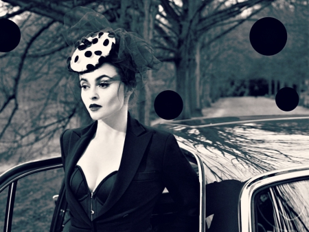 Helena Bonham Carter - hat, blue, actress, Helena Bonham Carter, black, retro, white, car, woman