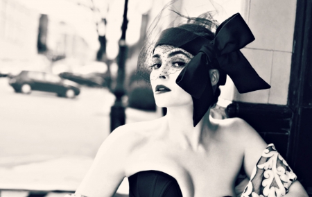 Helena Bonham Carter - black, helena bonham carter, actress, girl, blue, white, ribbon, bow, retro, hat, woman