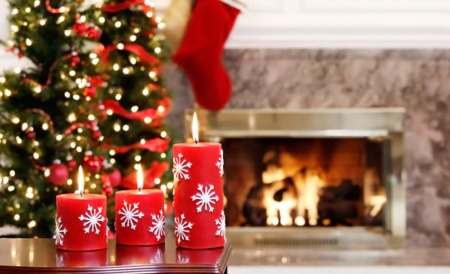 Christmas warmth - winter, holidays, eve, home, tree, christmas, sock, fireplace, new year, lights, time, flames, candles