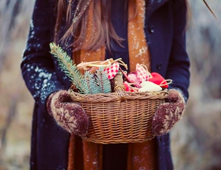 Christmas preparation - winter, snow, girl, outdoor, holidays, decoration materials, christmas, basket, time, lane, ornaments, gloves