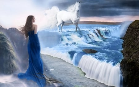 Eventually you're always here... - woman, girl, water, waterfalls, fantasy, white, horse, clouds, blue, brunette, stallion, dress, long