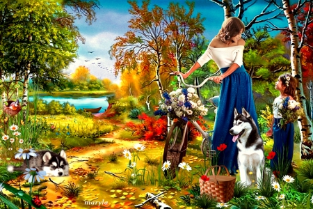 talk in the garden - woman, trees, basket, meadow, spring, dog, husky, garden, lake, girl, picnic, bicycle, bird, nature, scenery, flowers, friend