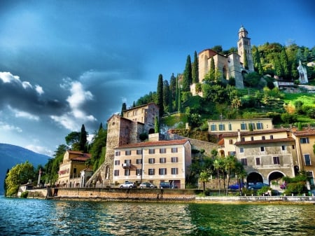 On The Mountain Side - lake, sky, houses, trees, water, buildings, nature, white, reflection, blue, clouds, architecture, green