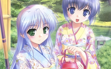 Matsuri Girls - love, girls, long hair, cg, game, anime, friends, kimono, cute, manga