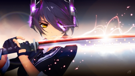 Sword - nice, beauty, female, magic, anime girl, kantai collection, blade, fantasy, pretty, glowing, anime, sword, short hair, girl, purple hair, kantai, lovely, shining, cg, glow, bright, hd, beautiful, weapon, sweet