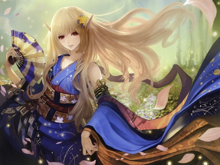 Blue Kimo - pretty, anime, female, maiden, blonde, blond hair, long hair, japan, blond, hd, nice, anime girl, beautiful, girl, fan, blonde hair, beauty, kimono, lovely, sweet, petals, yukata, cg, lady, japanese