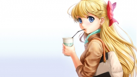 Minako - pretty, anime, aino, female, minako, blonde, blond hair, bag, long hair, sailor moon, aino minako, blond, plain, ribbon, hd, minako aino, nice, anime girl, sailormoon, realistic, beautiful, girl, simple, blonde hair, beauty, lovely, sweet, drink, cg, jacket, sailor venus