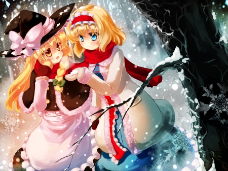 Snow - cute, alice margatroid, kirisame marisa, anime girl, adorable, girl, cold, sweater, touhou, winter, pretty, snowflakes, kawaii, sweet, scarf, anime, flakes, nice, lovely, female, snow