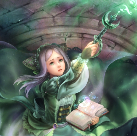 Green Magic - nice, realistic, magic, anime girl, fantasy, book, sieglinde sullivan, pretty, anime, green, beauyt, magician, girl, long hair, lovely, cg, witch, hd, kuroshitsuji, beautiful, sweet, black butler