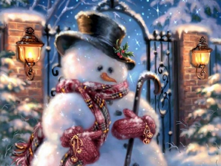 ★Christmas Snowman★ - pretty, snowman, winter, paintings, snow, colors, lovely, xmas and new year, cute, white trees, Christmas, love four seasons, winter holidays