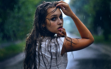 Raining - street, girl, pretty, rain