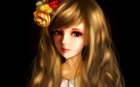 Blonde girl - yellow, girl, blonde, beauty, flower, doll, black, fantasy, red, rose, art