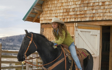 A Morning Ride - style, girls, western, women, ranch, cowgirls, outdoors, horses, hat, fun, female, barn