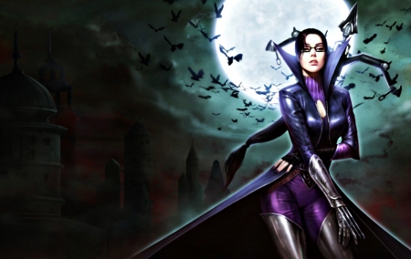 Vayne - moon, game, league of legends, archer, girl, night, pink, arrow, fantasy, purple, woman, Vayne