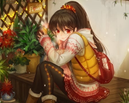 Warm Snow - pretty, anime, kawaii, female, blossom, food, maiden, bag, hd, sit, nice, sitting, vase, pot, bread, anime girl, winter, long ahir, girl, lovely, brown hair, sweet, flower, cg, lady, black hair, cold, jacket, cute, adorable, floral