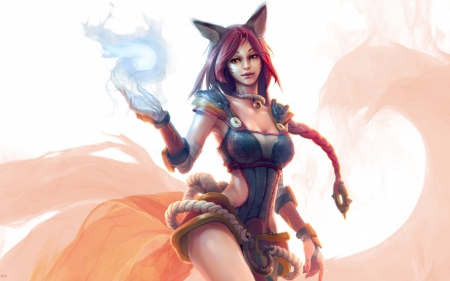 Ahri - girl, ewalabak, fantasy, ears, fox, art, game, pink, blue, league of legends, nine tails, ahri