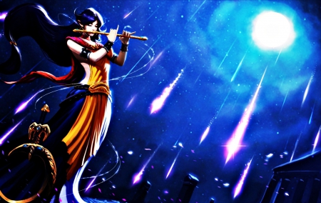 Soraka - Soraka, moon, game, league of legends, blue night, girl, music, fantasy, instrument