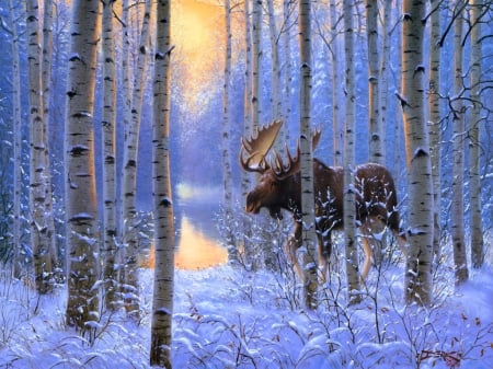 Northern giant - snow, trees, forest, moose