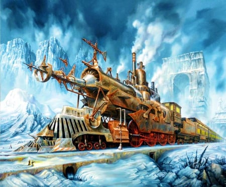 Fantasy Train - ice, locomotive, winter, railroad, artwork, snow