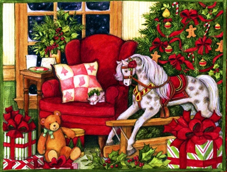 It's Christmas Time - horse, window, artwork, teddybear, armchair, tree, decoration