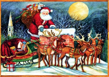 Santa on the Roof - chimney, moon, sleigh, gifts, artwork, snow, reindeer