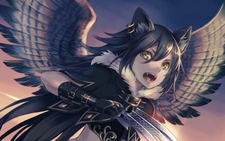 Fantasy Warrior - neko, girl, dark, warrior, animal, wings, fantasy, orginal