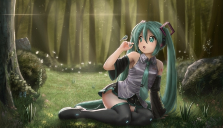 Nature Call - forest, miku, hatsune, miku hatsune, cute, vocaloids, anime girl, adorable, girl, green hair, pretty, bird, twin tails, kawaii, sweet, vocaloid, anime, twintail, hd, twintails, twin tail, cg, long hair, nice, lovely, woods, scene, female, hatsune miku, green