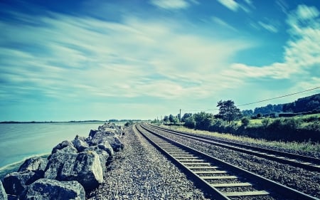 ocean view - rock, railway, track, ocean