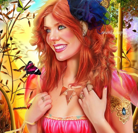 Laroussedanslesoleil - girls, love four seasons, beautiful, models, abstract, redhead, fantasy, lady, softness beauty, pretty, weird things people wear, digital art, art, beautiful girls, butterflies, creative pre-made, people, lovely, colors