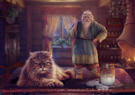 Slavic Mythology - art, fantasy, cat, man