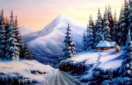 Winter cottages - cottage, hut, sky, trees, peaceful, path, painting, art, cold, ice, houses, mountain, winter, nature, frost, snow, beautiful