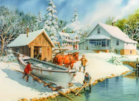 November at Anderson's dock - trees, peaceful, dock, countryside, painting, art, rural, cold, river, frozen, boat, ice, houses, winter, village, frost, snow, november