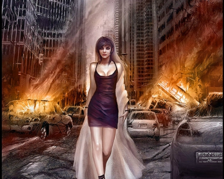 Girl in the City - fires, city, cars, woman