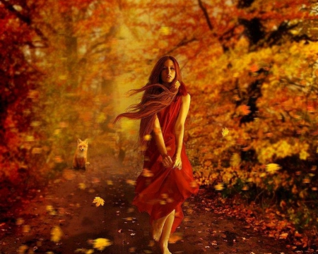 Girl in Autumn - autumn, girl, trees, wind