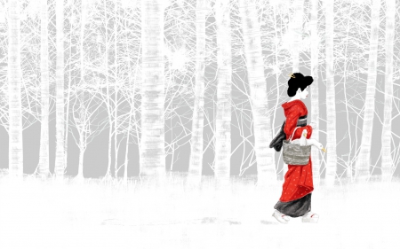 Geisha - red, winter, bird, duck, art, white, basket, asian, painting, woman