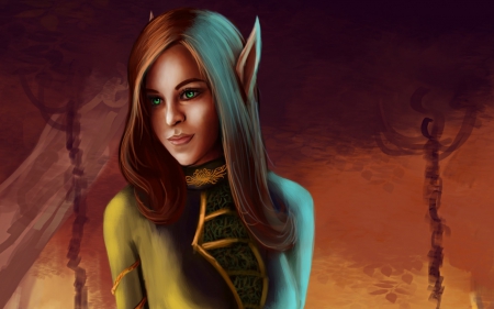 Elf - fantasy, orange, elf, girl, art, green