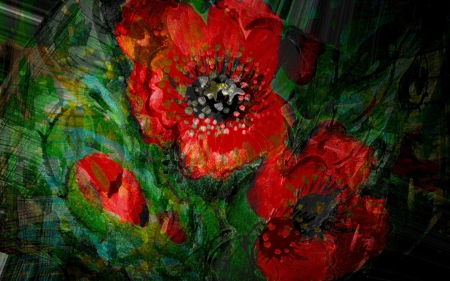 Poppies - red, flower, poppy, painting, art, green