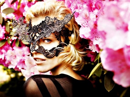 Eva Herzigova - flower, pink, black, model, eva herzigova, mask, girl, woman