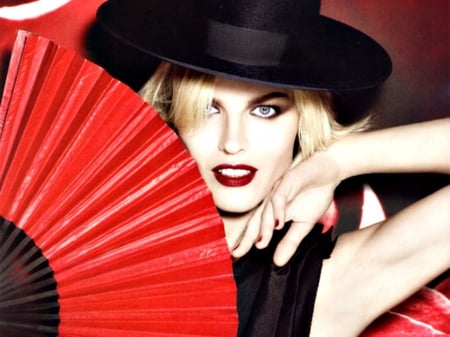 Eva Herzigova - red, fan, black, model, eva herzigova, hat, girl, woman