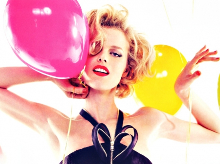 Eva Herzigova - white, yellow, Eva Herzigova, woman, balloon, model, girl, pink