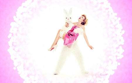 Eva Herzigova - woman, bokeh, eva herzigova, stilettos, girl, toy, bunny, model, white, pink, by cehenot, smile, happy, shoes