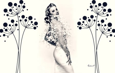 Eva Herzigova - abstract, Eva Herzigova, by cehenot, blue, dress, feather, dandelion, black, white, woman, model, dot