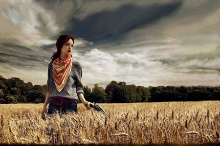 Cowgirl In A Hayfield - women, fun, female, guns, models, girls, cowgirls, style, outdoors, big sky, ranch