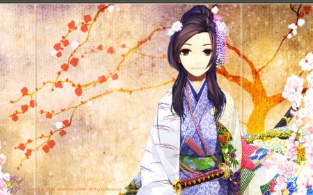 Sengoku Wars - wars, pretty, game, girl, sword, kimono, long hair, cg, sengoku, japan, katana, japanese