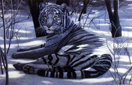 Quiet Time - winter, tiger, artwork, snow