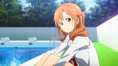 Yuuki Asuna - Bikini, Anime Girl, Smile, Brown Hair, Anime, Swimming Pool, Asuna, Long Hair, Ponytail, Jacket, Wallpaper, Yuuki Asuna