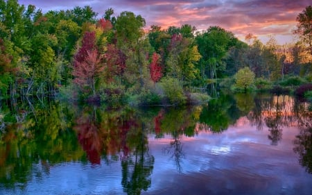 Sunset on Lake Noquebay, Wisconsin - lake, usa, reflection, sunset, autumn