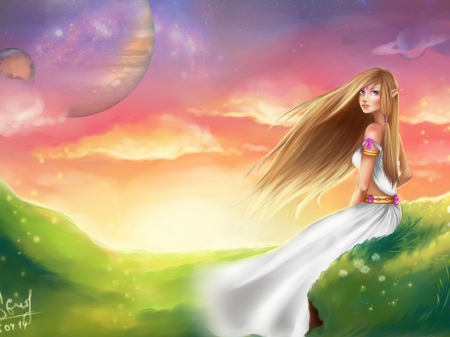 â™¥ - women, elf, abstract, planets, girl, art, fantasy, painting, color