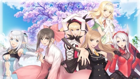 Shining Blade - pretty, anime, female, blossom, maiden, dress, blonde, blond hair, long hair, group, gorgeous, blond, hd, nice, anime girl, sakura, cherry blossom, beautiful, girl, blonde hair, beauty, lovely, sakura blossom, sweet, flower, petals, flora, lady, shining blade