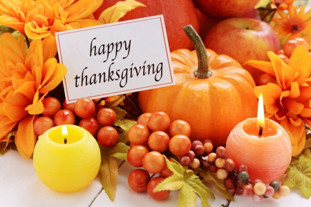 Happy Thanksgiving - Autumn, Fall, gourd, pumpkin, leaves, flowers, apples, fruit, candles, Thanksgiving, Happy Thanksgiving